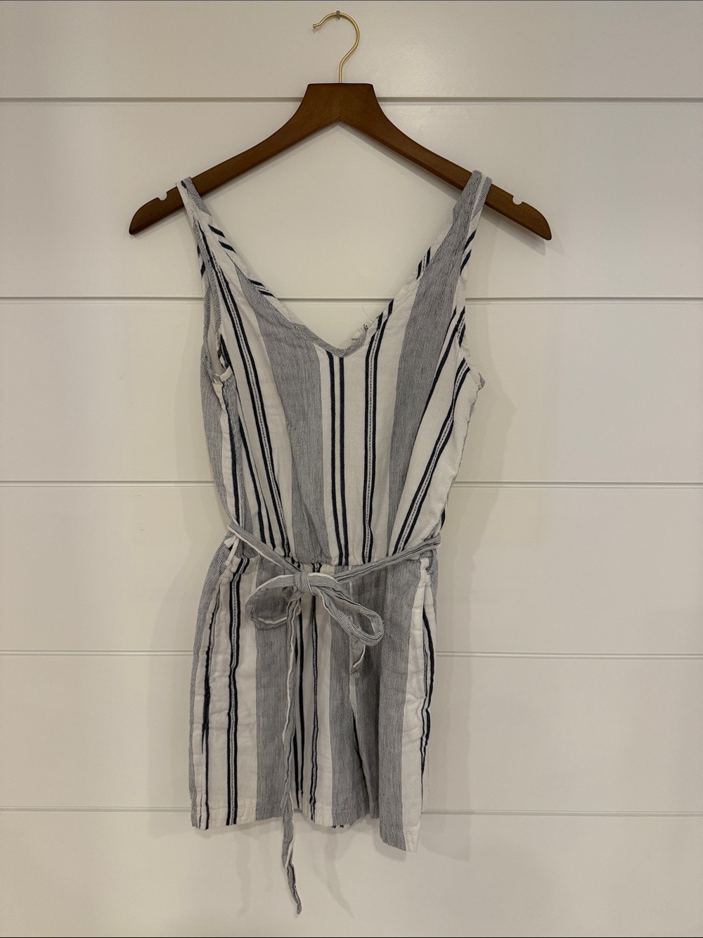 Olive & Oak Striped V-Neck Linen Blend Romper in White and Gray